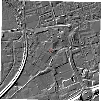 Shaded relief map of the ground around HU34UR, computed from Environment Agency LiDAR. The ground here sits at about 4 m above sea level and falls 11 m across the surrounding 800 m. Surface water reaching this point runs off ground lying to the south-west, 5.3 m higher.