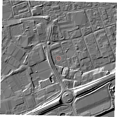 Shaded relief map of the ground around HU34UU, computed from Environment Agency LiDAR. The ground here sits at about 3 m above sea level and falls 13 m across the surrounding 800 m. Surface water reaching this point runs off ground lying to the south-west, 1.6 m higher.