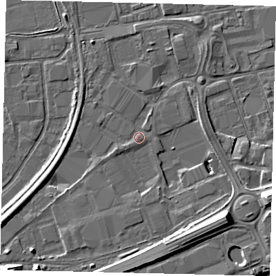 Shaded relief map of the ground around HU34UW, computed from Environment Agency LiDAR. The ground here sits at about 4 m above sea level and falls 13 m across the surrounding 800 m. Surface water reaching this point runs off ground lying to the south-west, 4.8 m higher.