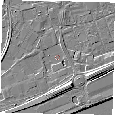 Shaded relief map of the ground around HU34XN, computed from Environment Agency LiDAR. The ground here sits at about 3 m above sea level and falls 13 m across the surrounding 800 m. Surface water reaching this point runs off ground lying to the south-south-east, 10.7 m higher.