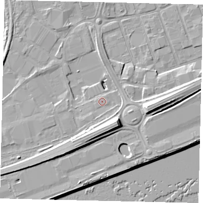 Shaded relief map of the ground around HU34XQ, computed from Environment Agency LiDAR. The ground here sits at about 4 m above sea level and falls 14 m across the surrounding 800 m. Surface water reaching this point runs off ground lying to the south-south-west, 5.7 m higher.