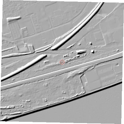 Shaded relief map of the ground around HU34XR, computed from Environment Agency LiDAR. The ground here sits at about 5 m above sea level and falls 14 m across the surrounding 800 m. Surface water reaching this point runs off ground lying to the east-south-east, 1.8 m higher.