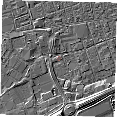 Shaded relief map of the ground around HU34XT, computed from Environment Agency LiDAR. The ground here sits at about 3 m above sea level and falls 11 m across the surrounding 800 m. Surface water reaching this point runs off ground lying to the south, 10.7 m higher.
