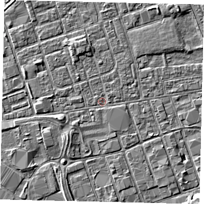Shaded relief map of the ground around HU35AA, computed from Environment Agency LiDAR. The ground here sits at about 3 m above sea level and falls 3 m across the surrounding 800 m. Surface water reaching this point runs off ground lying to the north-north-west, 1.4 m higher.