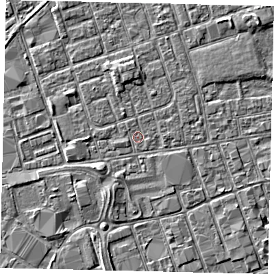 Shaded relief map of the ground around HU35AB, computed from Environment Agency LiDAR. The ground here sits at about 3 m above sea level and falls 3 m across the surrounding 800 m. Surface water reaching this point runs off ground lying to the north, 1.6 m higher.