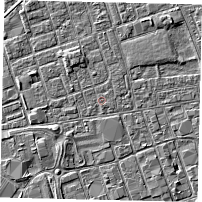 Shaded relief map of the ground around HU35AD, computed from Environment Agency LiDAR. The ground here sits at about 3 m above sea level and falls 3 m across the surrounding 800 m. Surface water reaching this point runs off ground lying to the north-north-west, 1.4 m higher.