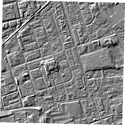 Shaded relief map of the ground around HU35AE, computed from Environment Agency LiDAR. The ground here sits at about 3 m above sea level and falls 3 m across the surrounding 800 m. Surface water reaching this point runs off ground lying to the west, 1.7 m higher.