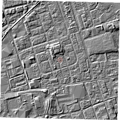 Shaded relief map of the ground around HU35AF, computed from Environment Agency LiDAR. The ground here sits at about 3 m above sea level and falls 4 m across the surrounding 800 m. Surface water reaching this point runs off ground lying to the north-north-west, 1.6 m higher.
