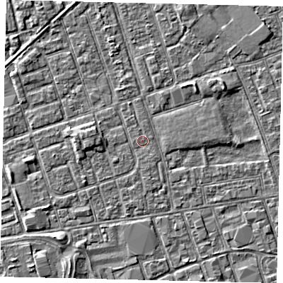 Shaded relief map of the ground around HU35AG, computed from Environment Agency LiDAR. The ground here sits at about 3 m above sea level and falls 3 m across the surrounding 800 m. The ground contributing surface water to this point lies to the south.