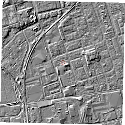 Shaded relief map of the ground around HU35AH, computed from Environment Agency LiDAR. The ground here sits at about 3 m above sea level and falls 4 m across the surrounding 800 m. Surface water reaching this point runs off ground lying to the east-south-east, 1.2 m higher.