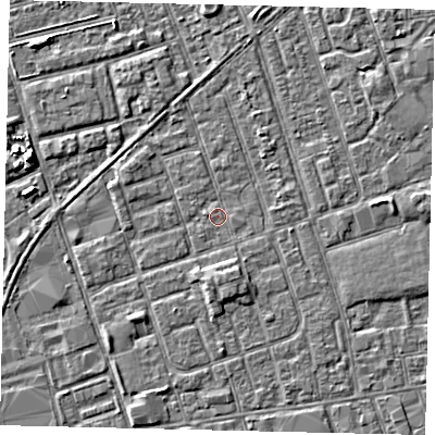 Shaded relief map of the ground around HU35AP, computed from Environment Agency LiDAR. The ground here sits at about 2 m above sea level and falls 4 m across the surrounding 800 m. Surface water reaching this point runs off ground lying to the south, 2.1 m higher.