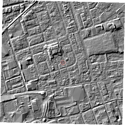 Shaded relief map of the ground around HU35AQ, computed from Environment Agency LiDAR. The ground here sits at about 3 m above sea level and falls 3 m across the surrounding 800 m. Surface water reaching this point runs off ground lying to the north-north-west, 1.6 m higher.