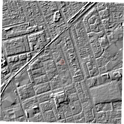 Shaded relief map of the ground around HU35AS, computed from Environment Agency LiDAR. The ground here sits at about 3 m above sea level and falls 5 m across the surrounding 800 m. Surface water reaching this point runs off ground lying to the south, 2.1 m higher.