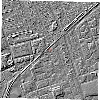 Shaded relief map of the ground around HU35AT, computed from Environment Agency LiDAR. The ground here sits at about 3 m above sea level and falls 4 m across the surrounding 800 m. Surface water reaching this point runs off ground lying to the south, 2.2 m higher.