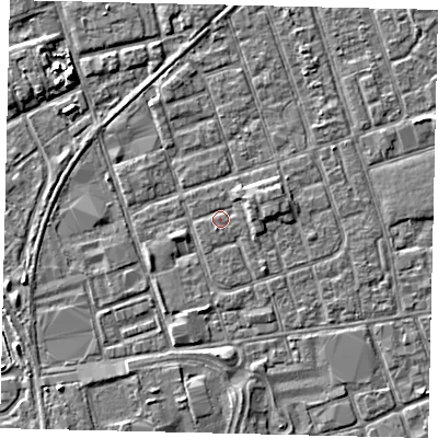 Shaded relief map of the ground around HU35AU, computed from Environment Agency LiDAR. The ground here sits at about 3 m above sea level and falls 4 m across the surrounding 800 m. Surface water reaching this point runs off ground lying to the east-north-east, 1.5 m higher.