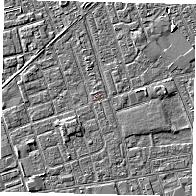Shaded relief map of the ground around HU35AX, computed from Environment Agency LiDAR. The ground here sits at about 3 m above sea level and falls 3 m across the surrounding 800 m. Surface water reaching this point runs off ground lying to the south-west, 1.9 m higher.