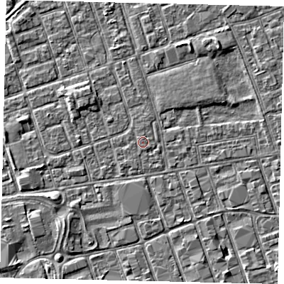 Shaded relief map of the ground around HU35AY, computed from Environment Agency LiDAR. The ground here sits at about 3 m above sea level and falls 3 m across the surrounding 800 m. The ground contributing surface water to this point lies to the north-north-west.
