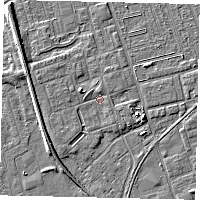 Shaded relief map of the ground around HU35BJ, computed from Environment Agency LiDAR. The ground here sits at about 3 m above sea level and falls 7 m across the surrounding 800 m. Surface water reaching this point runs off ground lying to the west-north-west, 2.4 m higher.