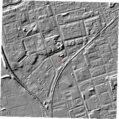 Shaded relief map of the ground around HU35BP, computed from Environment Agency LiDAR. The ground here sits at about 2 m above sea level and falls 5 m across the surrounding 800 m. Surface water reaching this point runs off ground lying to the west, 4.7 m higher.