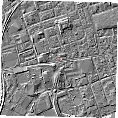 Shaded relief map of the ground around HU35BQ, computed from Environment Agency LiDAR. The ground here sits at about 3 m above sea level and falls 3 m across the surrounding 800 m. Surface water reaching this point runs off ground lying to the north, 1.7 m higher.
