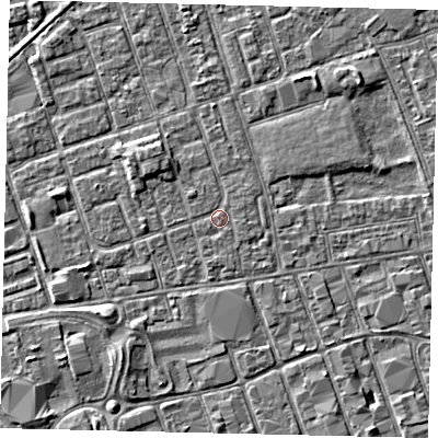 Shaded relief map of the ground around HU35DB, computed from Environment Agency LiDAR. The ground here sits at about 3 m above sea level and falls 3 m across the surrounding 800 m. The ground contributing surface water to this point lies to the east-south-east.