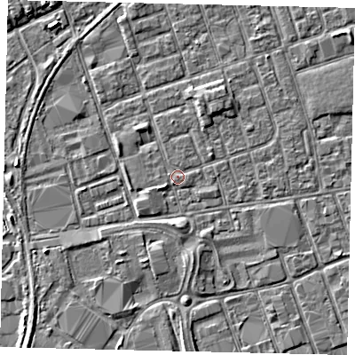Shaded relief map of the ground around HU35DD, computed from Environment Agency LiDAR. The ground here sits at about 3 m above sea level and falls 3 m across the surrounding 800 m. Surface water reaching this point runs off ground lying to the east-north-east, 0.9 m higher.