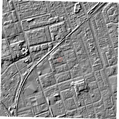 Shaded relief map of the ground around HU35DE, computed from Environment Agency LiDAR. The ground here sits at about 3 m above sea level and falls 4 m across the surrounding 800 m. Surface water reaching this point runs off ground lying to the south-east, 2.1 m higher.