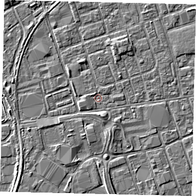 Shaded relief map of the ground around HU35DF, computed from Environment Agency LiDAR. The ground here sits at about 3 m above sea level and falls 3 m across the surrounding 800 m. Surface water reaching this point runs off ground lying to the north-north-east, 1.7 m higher.
