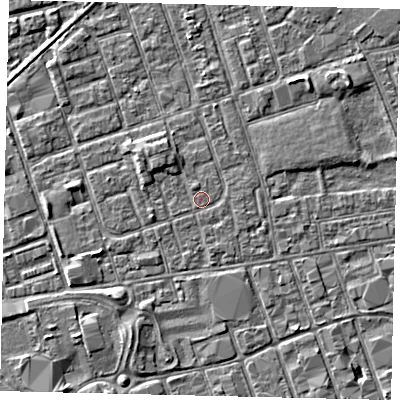 Shaded relief map of the ground around HU35DG, computed from Environment Agency LiDAR. The ground here sits at about 3 m above sea level and falls 3 m across the surrounding 800 m. Surface water reaching this point runs off ground lying to the north-west, 1.2 m higher.