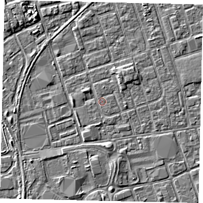 Shaded relief map of the ground around HU35DH, computed from Environment Agency LiDAR. The ground here sits at about 3 m above sea level and falls 4 m across the surrounding 800 m. Surface water reaching this point runs off ground lying to the east-south-east, 0.9 m higher.