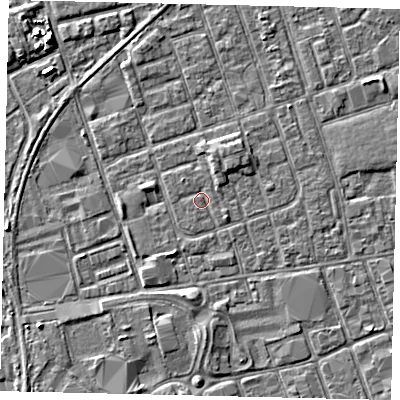 Shaded relief map of the ground around HU35DJ, computed from Environment Agency LiDAR. The ground here sits at about 3 m above sea level and falls 4 m across the surrounding 800 m. Surface water reaching this point runs off ground lying to the north-west, 0.7 m higher.