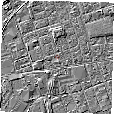 Shaded relief map of the ground around HU35DQ, computed from Environment Agency LiDAR. The ground here sits at about 3 m above sea level and falls 4 m across the surrounding 800 m. The ground contributing surface water to this point lies to the west-north-west.