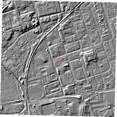 Shaded relief map of the ground around HU35DR, computed from Environment Agency LiDAR. The ground here sits at about 3 m above sea level and falls 4 m across the surrounding 800 m. Surface water reaching this point runs off ground lying to the south-south-west, 2.8 m higher.