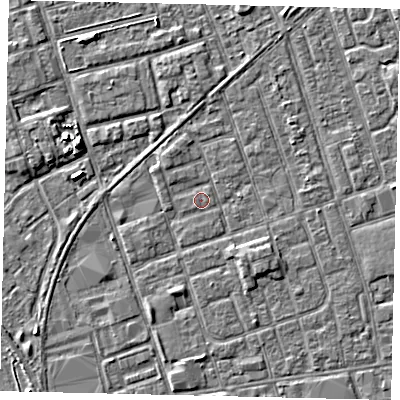 Shaded relief map of the ground around HU35DS, computed from Environment Agency LiDAR. The ground here sits at about 3 m above sea level and falls 4 m across the surrounding 800 m. Surface water reaching this point runs off ground lying to the south-east, 2.1 m higher.