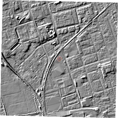 Shaded relief map of the ground around HU35FX, computed from Environment Agency LiDAR. The ground here sits at about 3 m above sea level and falls 5 m across the surrounding 800 m. Surface water reaching this point runs off ground lying to the south-east, 2.4 m higher.