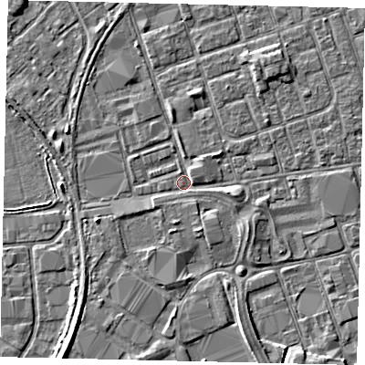 Shaded relief map of the ground around HU35JA, computed from Environment Agency LiDAR. The ground here sits at about 3 m above sea level and falls 4 m across the surrounding 800 m. Surface water reaching this point runs off ground lying to the east-south-east, 1.9 m higher.