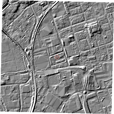 Shaded relief map of the ground around HU35JB, computed from Environment Agency LiDAR. The ground here sits at about 3 m above sea level and falls 4 m across the surrounding 800 m. Surface water reaching this point runs off ground lying to the south-west, 2.4 m higher.