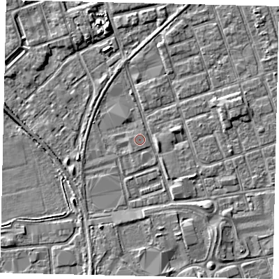 Shaded relief map of the ground around HU35JF, computed from Environment Agency LiDAR. The ground here sits at about 3 m above sea level and falls 5 m across the surrounding 800 m. The ground contributing surface water to this point lies to the west.
