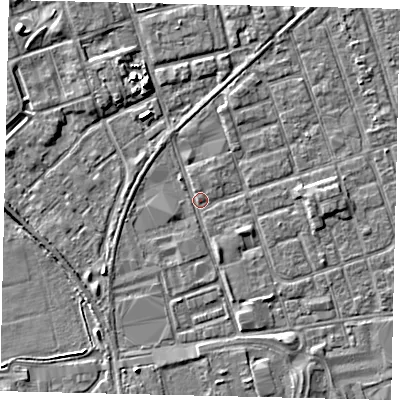 Shaded relief map of the ground around HU35JU, computed from Environment Agency LiDAR. The ground here sits at about 3 m above sea level and falls 5 m across the surrounding 800 m. Surface water reaching this point runs off ground lying to the south-south-west, 2.8 m higher.