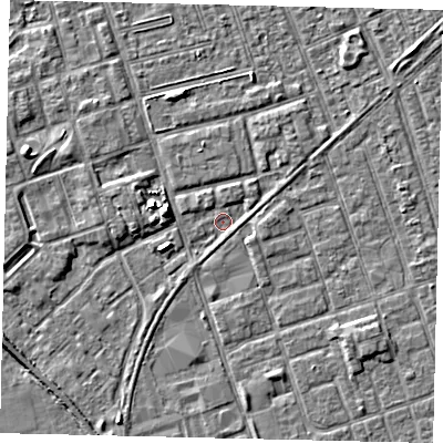 Shaded relief map of the ground around HU35LA, computed from Environment Agency LiDAR. The ground here sits at about 2 m above sea level and falls 5 m across the surrounding 800 m. Surface water reaching this point runs off ground lying to the west-north-west, 4.3 m higher.