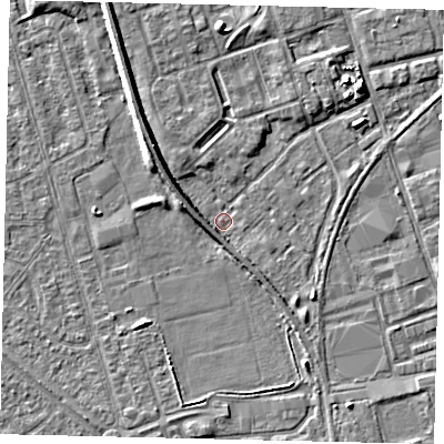 Shaded relief map of the ground around HU35LF, computed from Environment Agency LiDAR. The ground here sits at about 2 m above sea level and falls 5 m across the surrounding 800 m. Surface water reaching this point runs off ground lying to the west, 2.5 m higher.