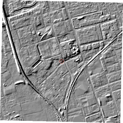 Shaded relief map of the ground around HU35LX, computed from Environment Agency LiDAR. The ground here sits at about 3 m above sea level and falls 5 m across the surrounding 800 m. Surface water reaching this point runs off ground lying to the west, 4.7 m higher.