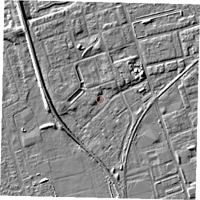 Shaded relief map of the ground around HU35ND, computed from Environment Agency LiDAR. The ground here sits at about 2 m above sea level and falls 5 m across the surrounding 800 m. Surface water reaching this point runs off ground lying to the west-north-west, 1.8 m higher.