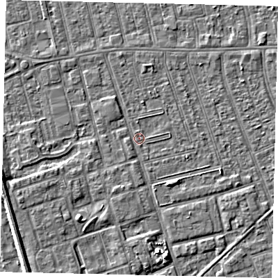 Shaded relief map of the ground around HU35PH, computed from Environment Agency LiDAR. The ground here sits at about 2 m above sea level and falls 5 m across the surrounding 800 m. Surface water reaching this point runs off ground lying to the east, 0.8 m higher.