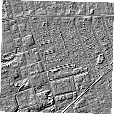 Shaded relief map of the ground around HU35PS, computed from Environment Agency LiDAR. The ground here sits at about 2 m above sea level and falls 5 m across the surrounding 800 m. Surface water reaching this point runs off ground lying to the south-east, 0.8 m higher.