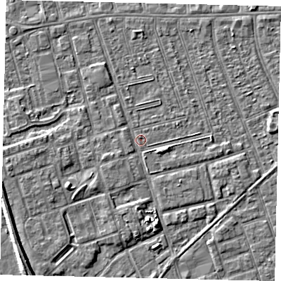 Shaded relief map of the ground around HU35PT, computed from Environment Agency LiDAR. The ground here sits at about 2 m above sea level and falls 5 m across the surrounding 800 m. Surface water reaching this point runs off ground lying to the south, 4.4 m higher.