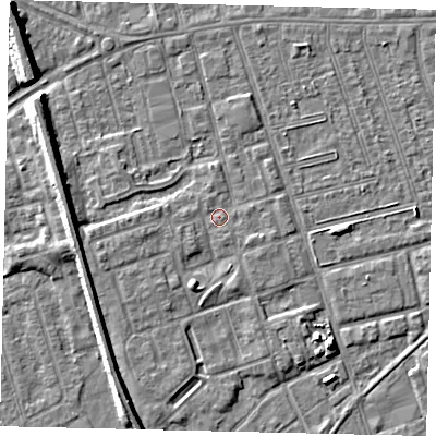 Shaded relief map of the ground around HU35QA, computed from Environment Agency LiDAR. The ground here sits at about 3 m above sea level and falls 7 m across the surrounding 800 m. Surface water reaching this point runs off ground lying to the south-south-west, 2.7 m higher.