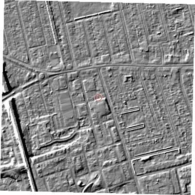 Shaded relief map of the ground around HU35QQ, computed from Environment Agency LiDAR. The ground here sits at about 2 m above sea level and falls 7 m across the surrounding 800 m. Surface water reaching this point runs off ground lying to the east-south-east, 1.2 m higher.