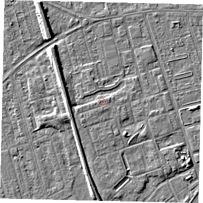 Shaded relief map of the ground around HU35QY, computed from Environment Agency LiDAR. The ground here sits at about 4 m above sea level and falls 7 m across the surrounding 800 m. Surface water reaching this point runs off ground lying to the south-south-west, 0.7 m higher.