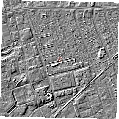 Shaded relief map of the ground around HU35QZ, computed from Environment Agency LiDAR. The ground here sits at about 2 m above sea level and falls 4 m across the surrounding 800 m. Surface water reaching this point runs off ground lying to the east, 2.5 m higher.